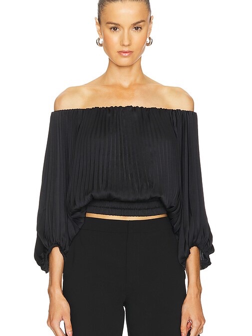 {Xs} Alc Sienna Satin Pleated Off-Shoulder Black Blouse Nwt